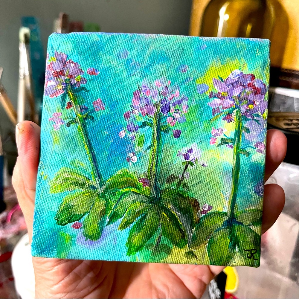 Original acrylic mini painting of flowers 4x4”